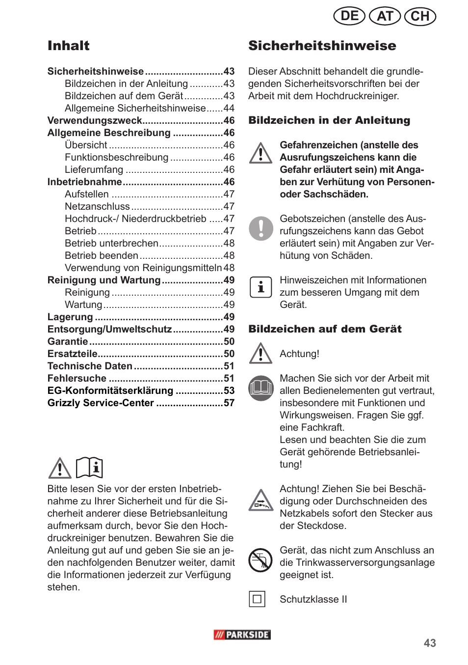 Ch at de sicherheitshinweise, Inhalt | Parkside PHD 150 A1 User Manual | Page 43 / 58