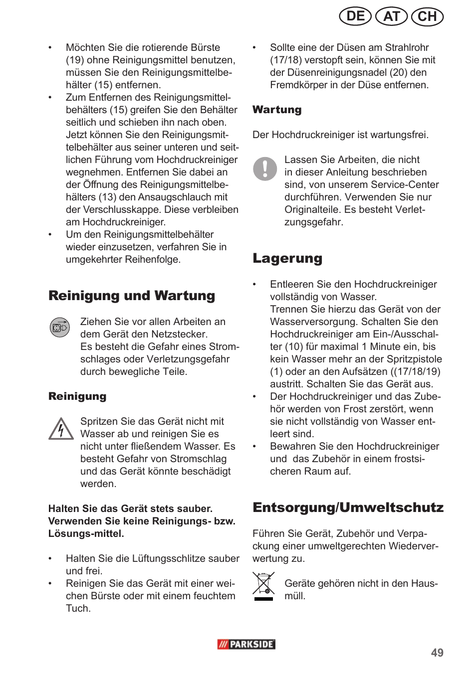 Ch at de, Reinigung und wartung, Lagerung | Entsorgung/umweltschutz | Parkside PHD 150 A1 User Manual | Page 49 / 58