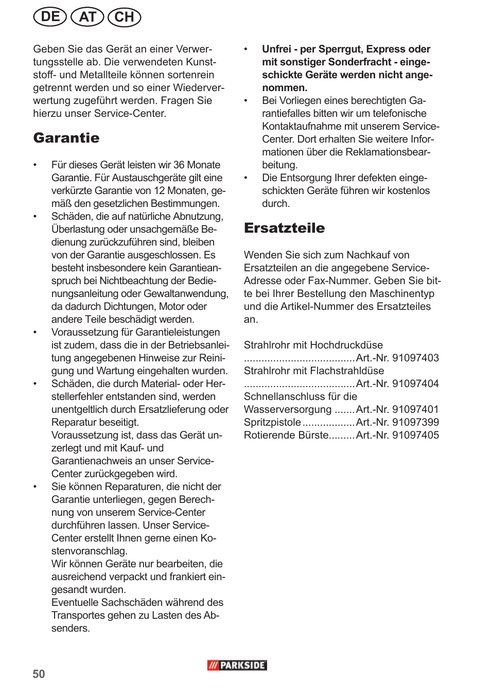 Ch at de, Garantie, Ersatzteile | Parkside PHD 150 A1 User Manual | Page 50 / 58