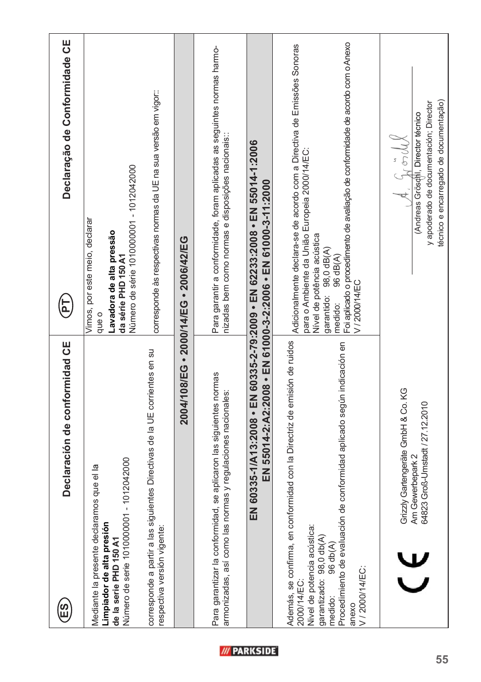 Es pt | Parkside PHD 150 A1 User Manual | Page 55 / 58