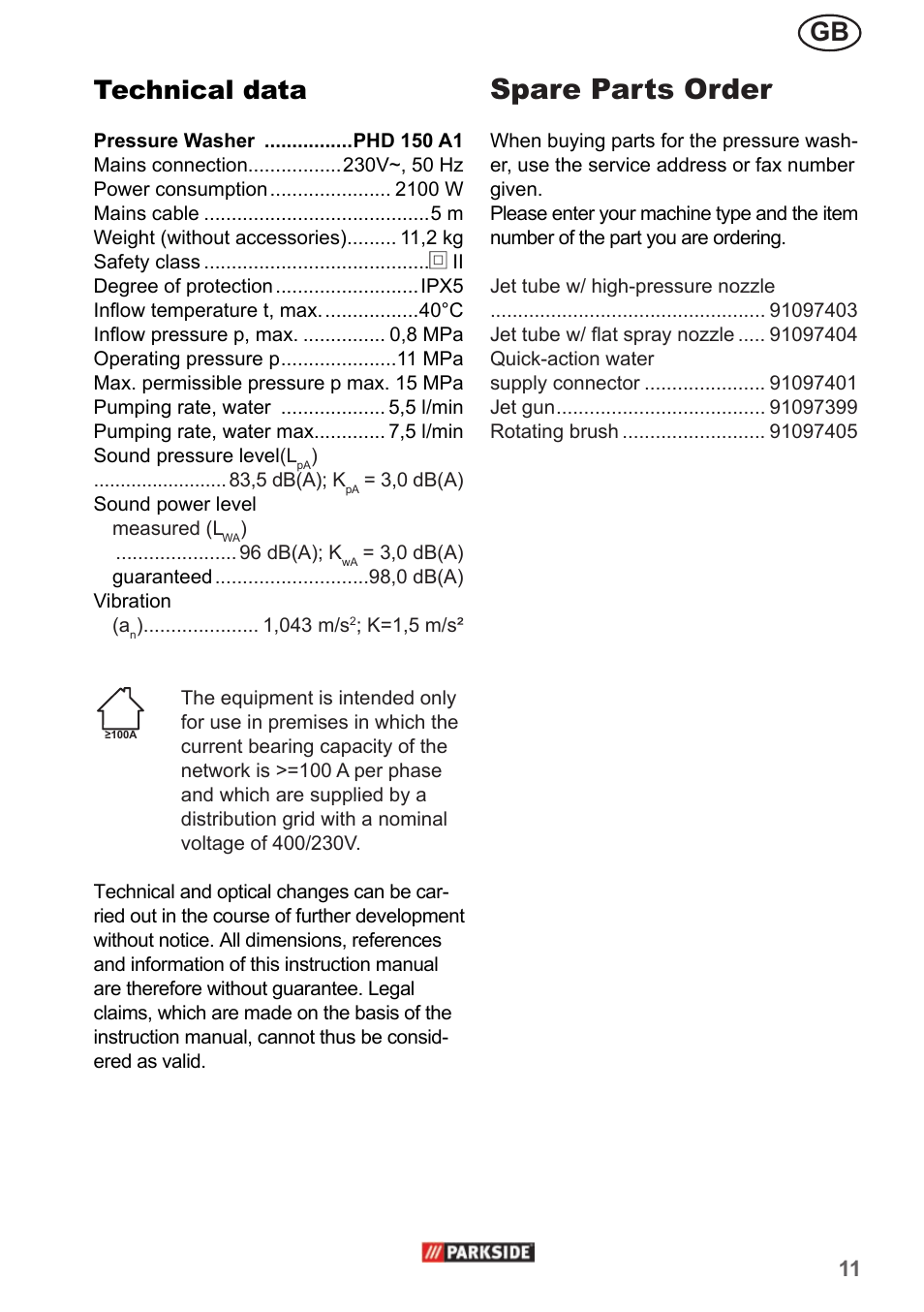 Spare parts order, Gb technical data | Parkside PHD 150 A1 User Manual | Page 11 / 78