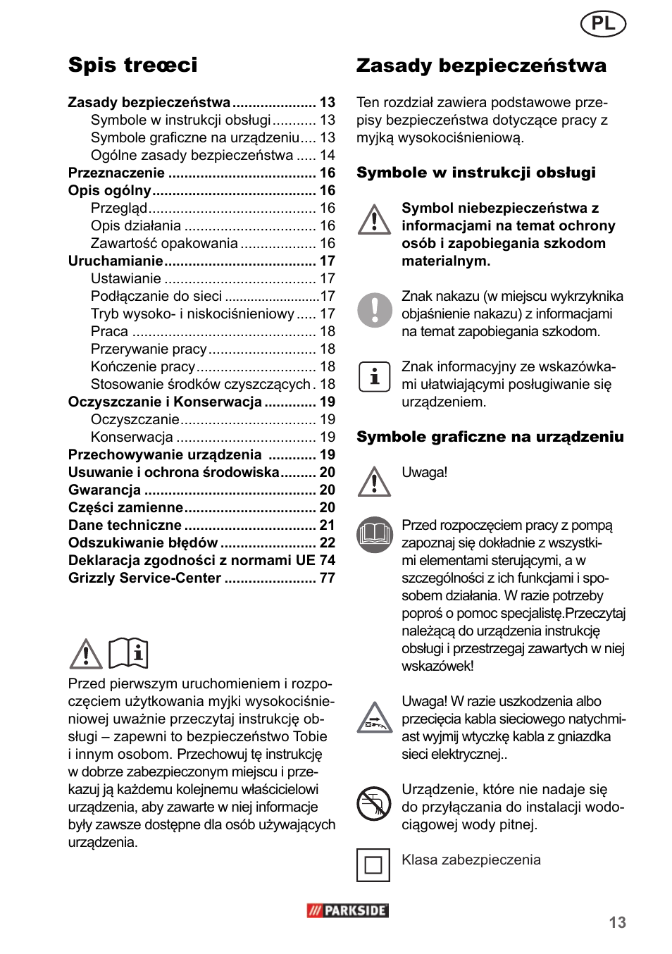 Spis treœci, Pl zasady bezpieczeństwa | Parkside PHD 150 A1 User Manual | Page 13 / 78