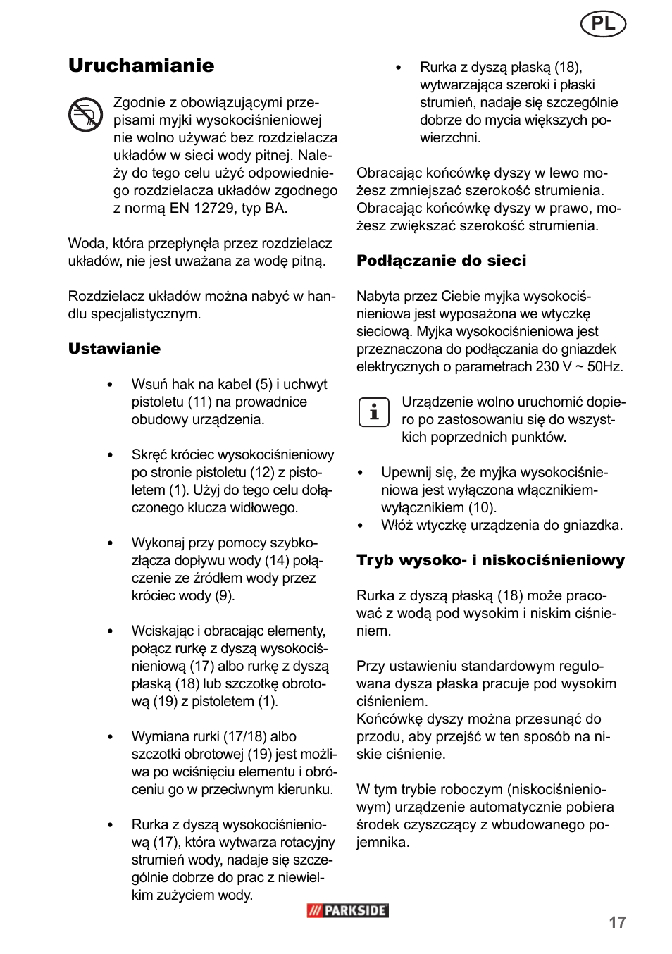 Uruchamianie | Parkside PHD 150 A1 User Manual | Page 17 / 78