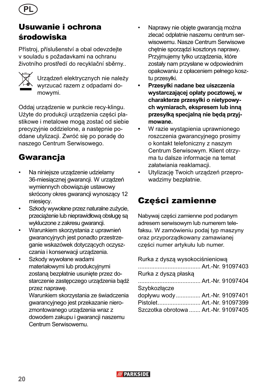 Pl usuwanie i ochrona środowiska, Gwarancja, Części zamienne | Parkside PHD 150 A1 User Manual | Page 20 / 78