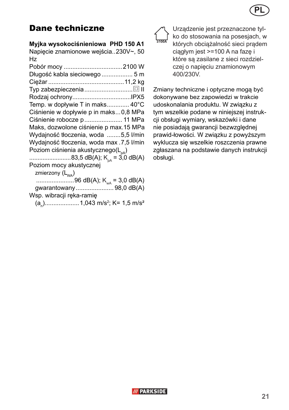 Pl dane techniczne | Parkside PHD 150 A1 User Manual | Page 21 / 78