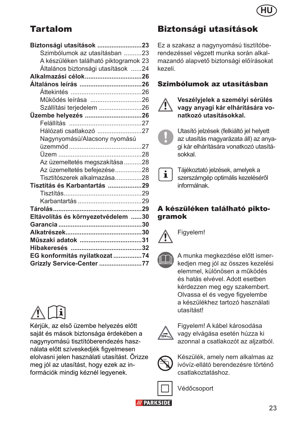 Hu biztonsági utasítások, Tartalom | Parkside PHD 150 A1 User Manual | Page 23 / 78