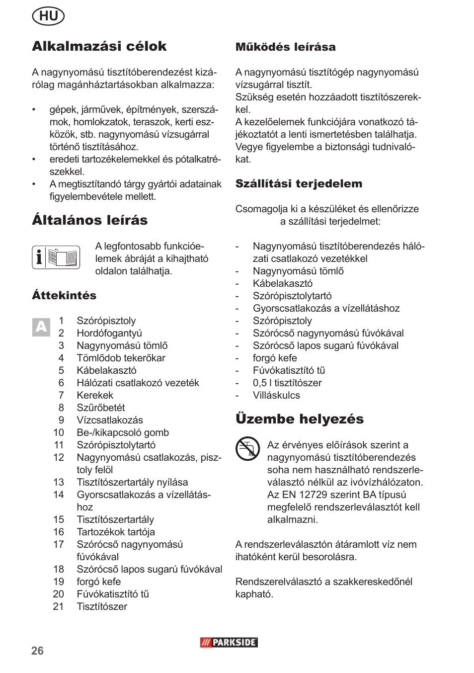 Hu alkalmazási célok, Általános leírás, Üzembe helyezés | Parkside PHD 150 A1 User Manual | Page 26 / 78