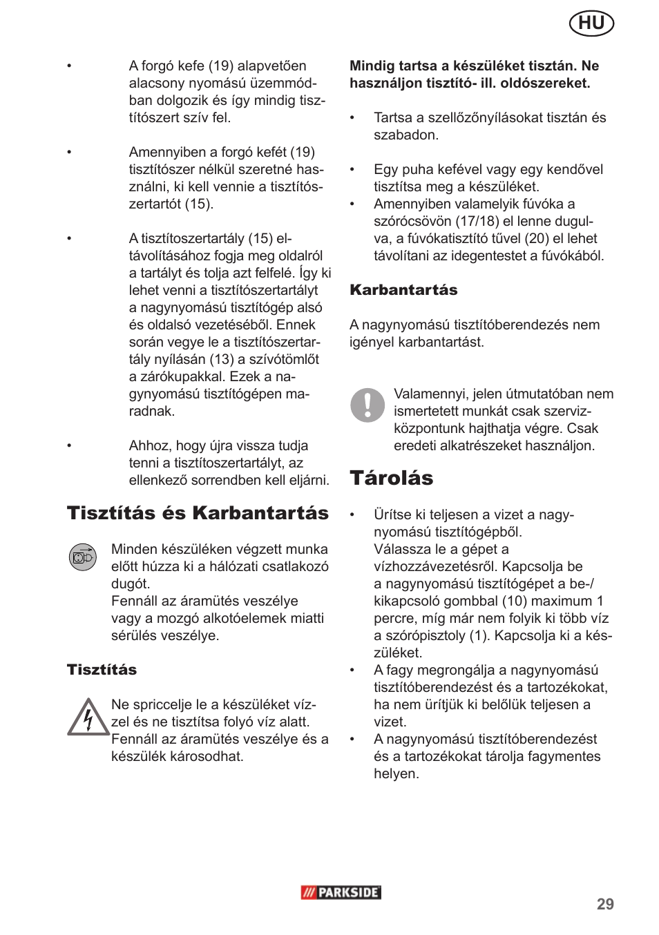 Tárolás, Tisztítás és karbantartás | Parkside PHD 150 A1 User Manual | Page 29 / 78