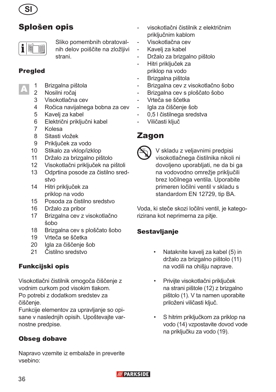 Si splošen opis, Zagon | Parkside PHD 150 A1 User Manual | Page 36 / 78