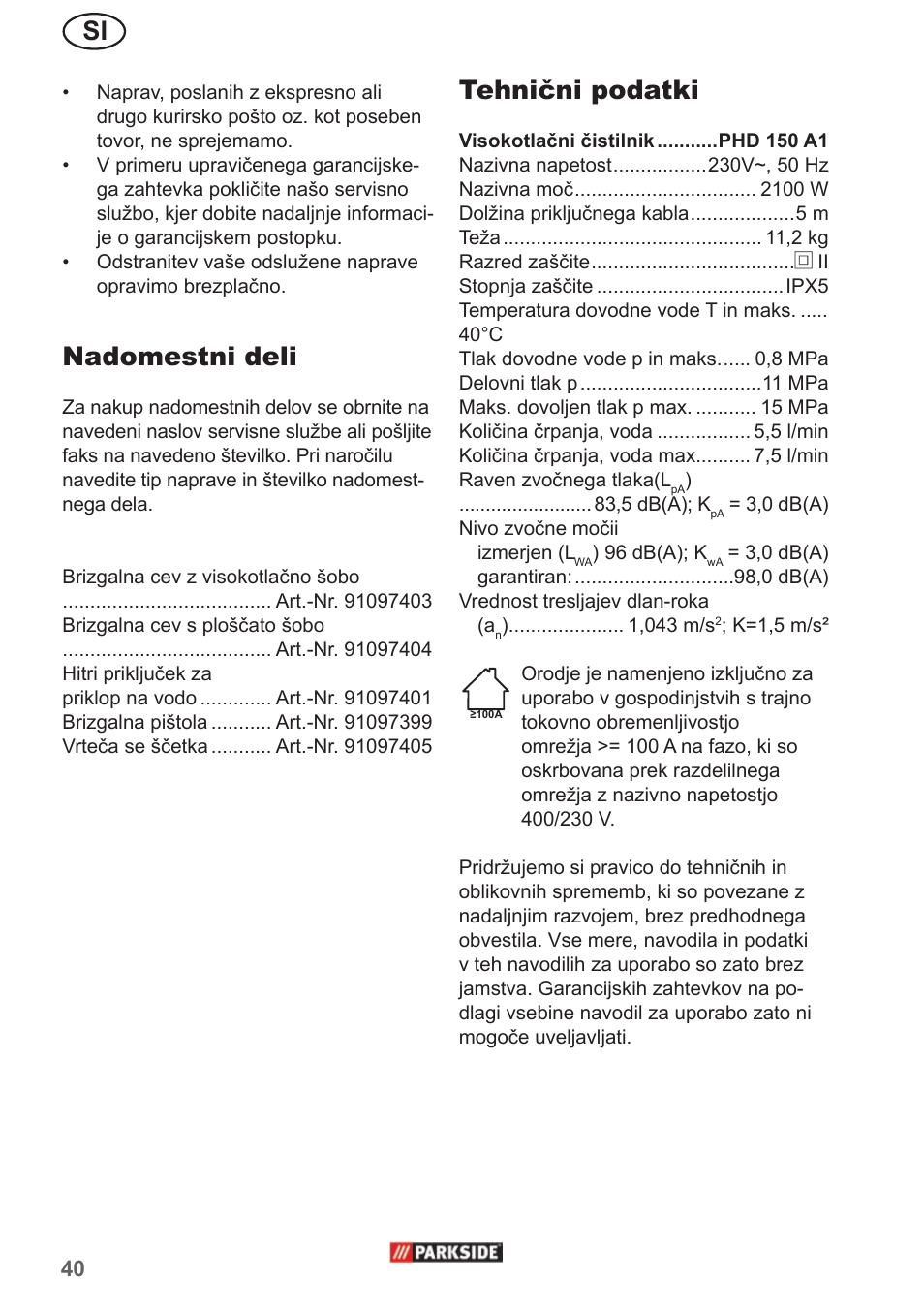 Nadomestni deli, Tehnični podatki | Parkside PHD 150 A1 User Manual | Page 40 / 78