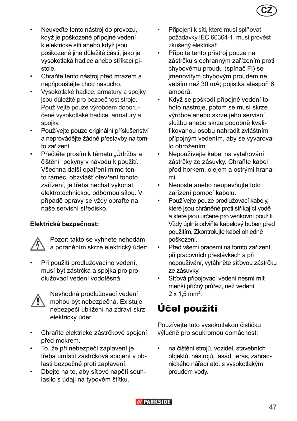 Účel použití | Parkside PHD 150 A1 User Manual | Page 47 / 78