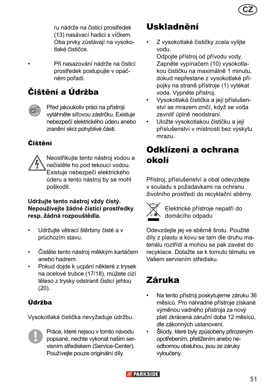 Uskladnění, Odklízení a ochrana okolí, Záruka | Čištění a údržba | Parkside PHD 150 A1 User Manual | Page 51 / 78