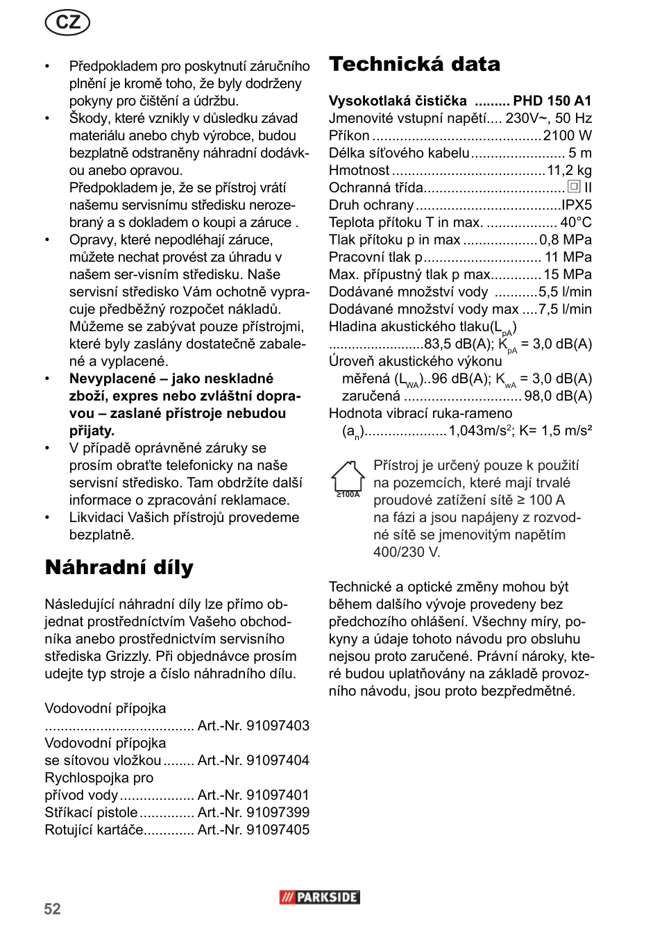 Náhradní díly, Technická data | Parkside PHD 150 A1 User Manual | Page 52 / 78
