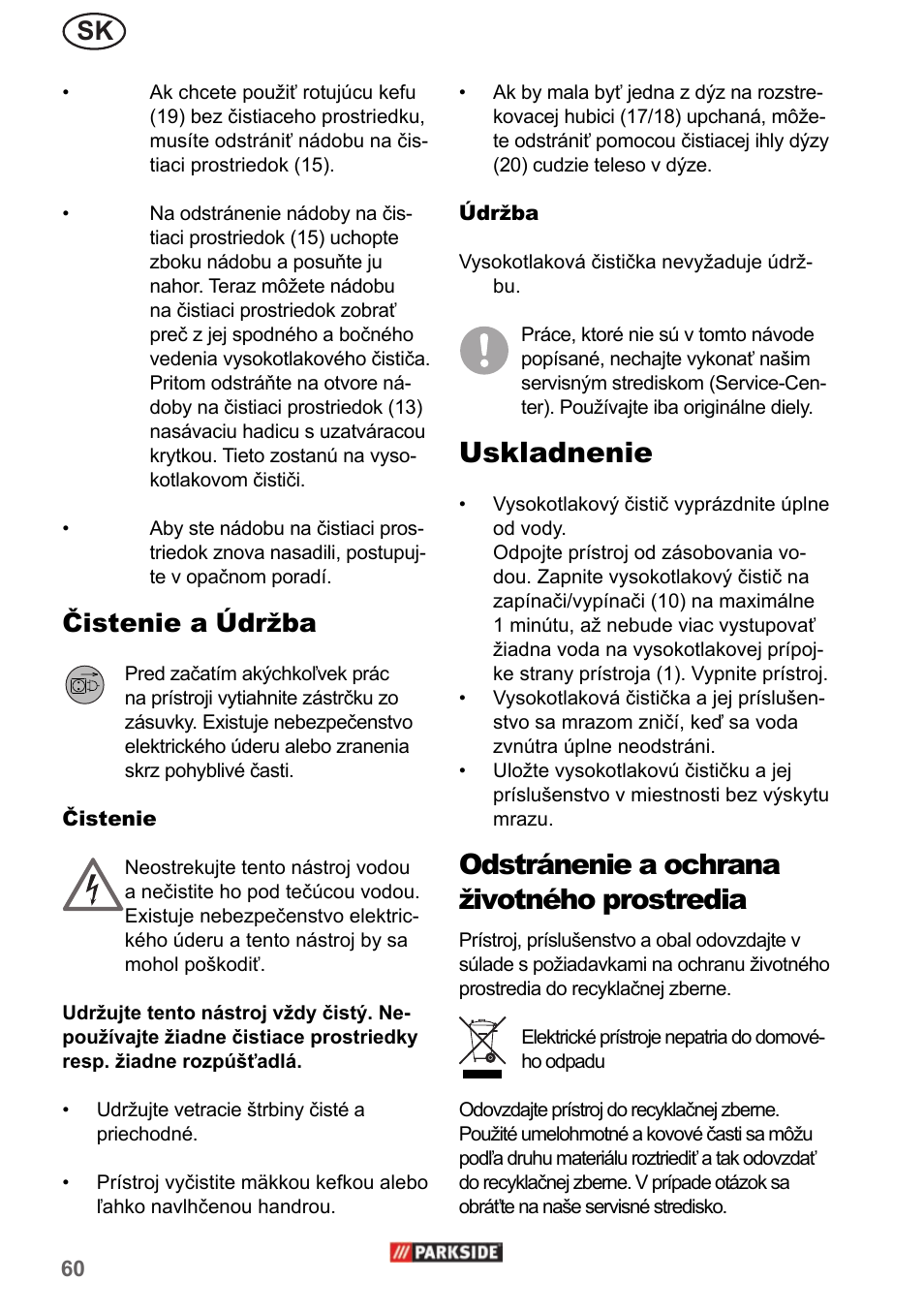 Uskladnenie, Odstránenie a ochrana životného prostredia, Čistenie a údržba | Parkside PHD 150 A1 User Manual | Page 60 / 78