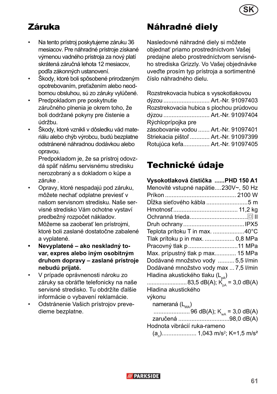 Záruka, Náhradné diely, Technické údaje | Parkside PHD 150 A1 User Manual | Page 61 / 78