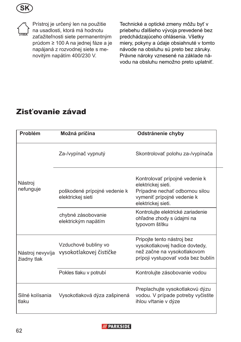Zisťovanie závad, Vysokotlakovej čističke | Parkside PHD 150 A1 User Manual | Page 62 / 78