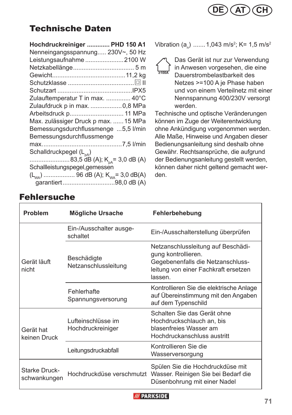 Ch at de fehlersuche, Technische daten | Parkside PHD 150 A1 User Manual | Page 71 / 78