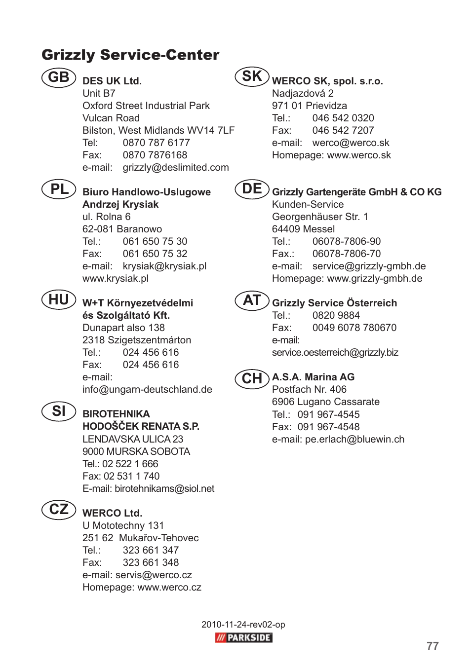 Grizzly service-center, Cz gb si pl hu, Ch at de sk | Parkside PHD 150 A1 User Manual | Page 77 / 78