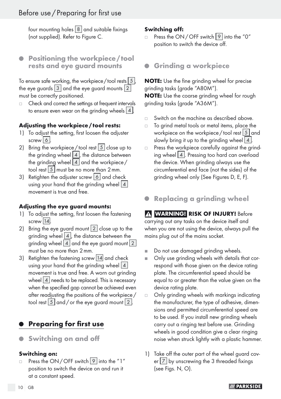 Before use / preparing for first use, Preparing for first use, Switching on and off | Grinding a workpiece, Replacing a grinding wheel | Parkside PDOS 200 A1 User Manual | Page 10 / 66