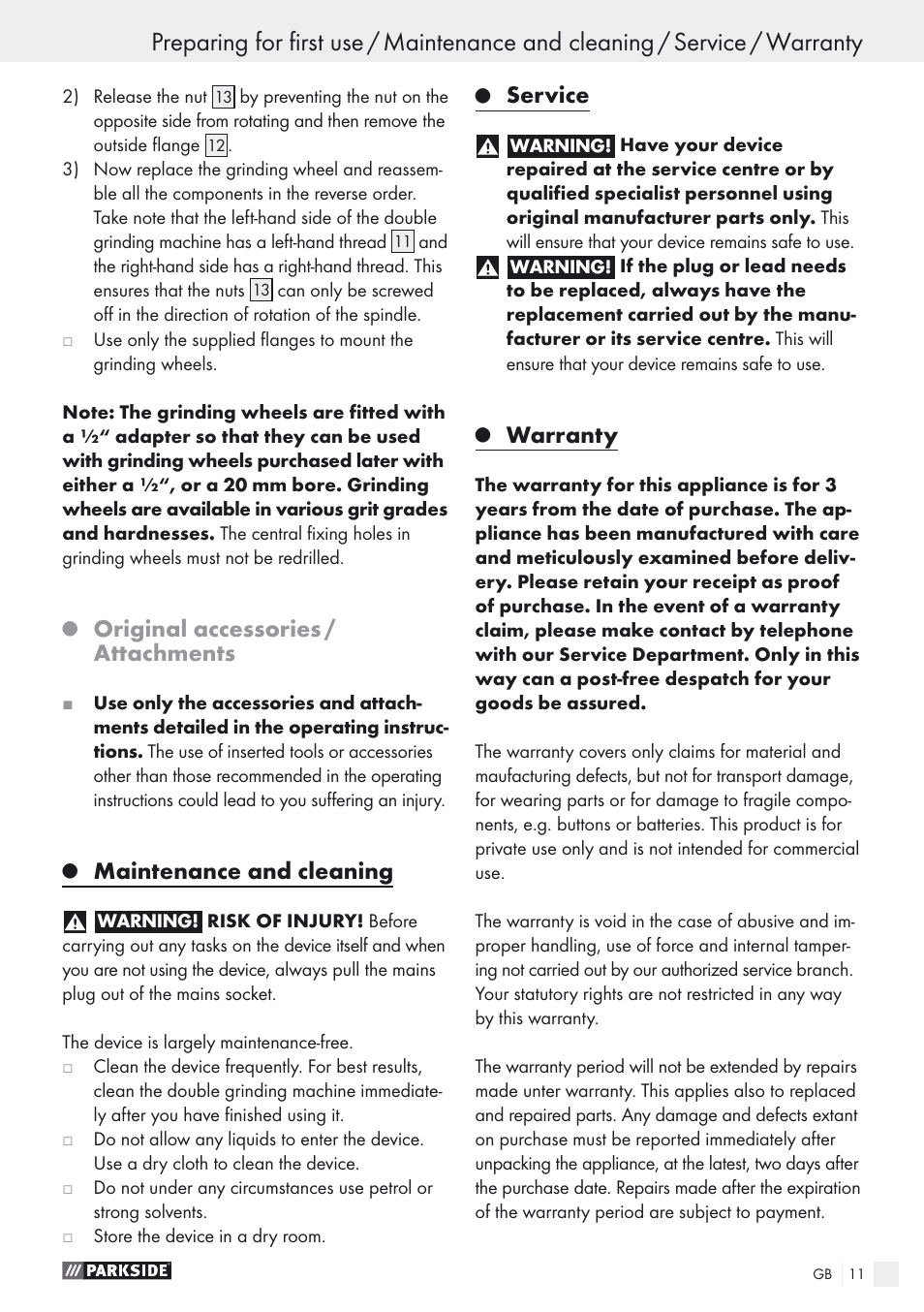 Original accessories / attachments, Maintenance and cleaning, Service | Warranty | Parkside PDOS 200 A1 User Manual | Page 11 / 66