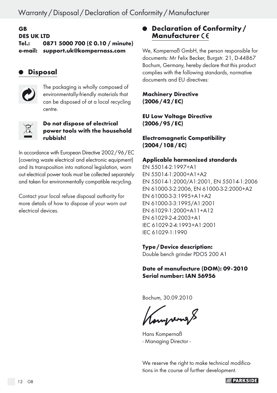 Disposal, Declaration of conformity / manufacturer | Parkside PDOS 200 A1 User Manual | Page 12 / 66