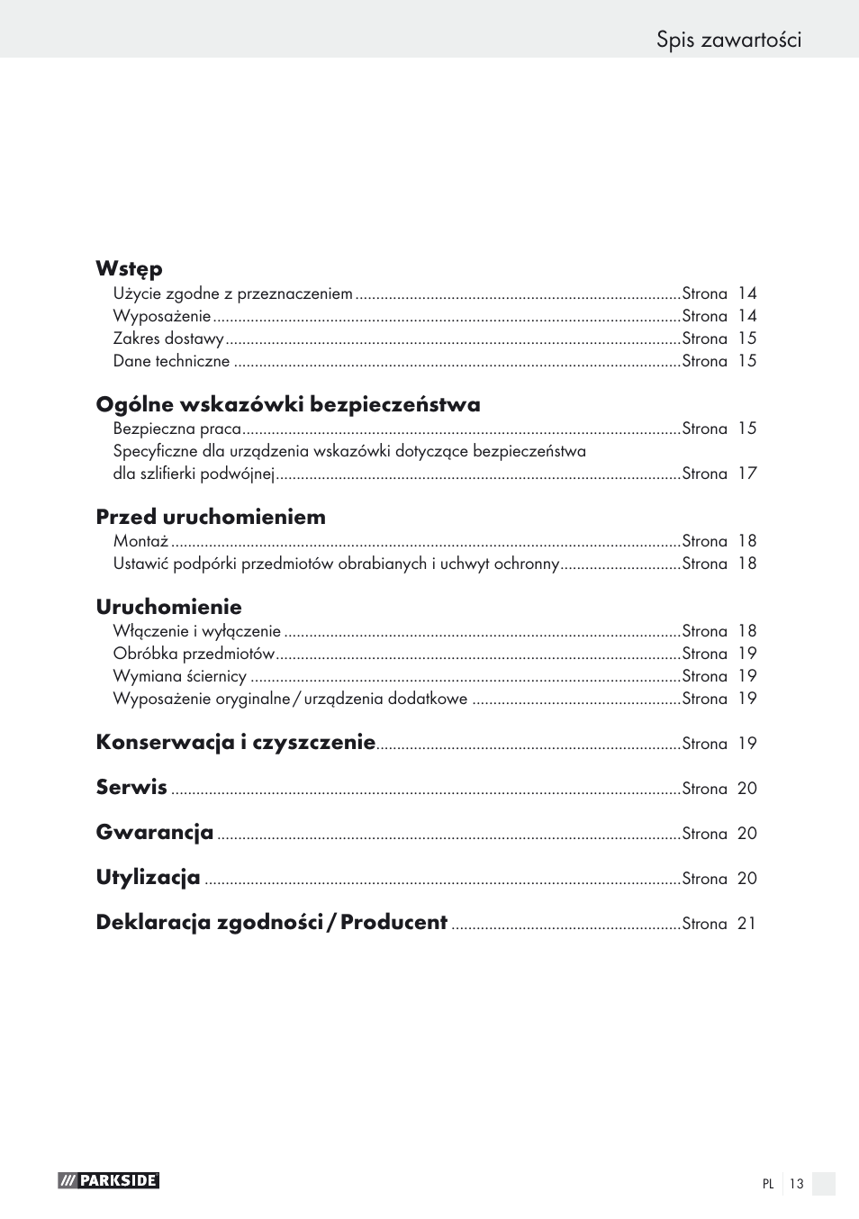 Spis zawartości | Parkside PDOS 200 A1 User Manual | Page 13 / 66