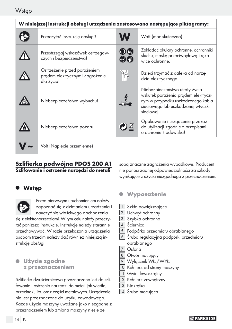 Wstęp, Szlifierka podwójna pdos 200 a1, Użycie zgodne z przeznaczeniem | Wyposażenie | Parkside PDOS 200 A1 User Manual | Page 14 / 66