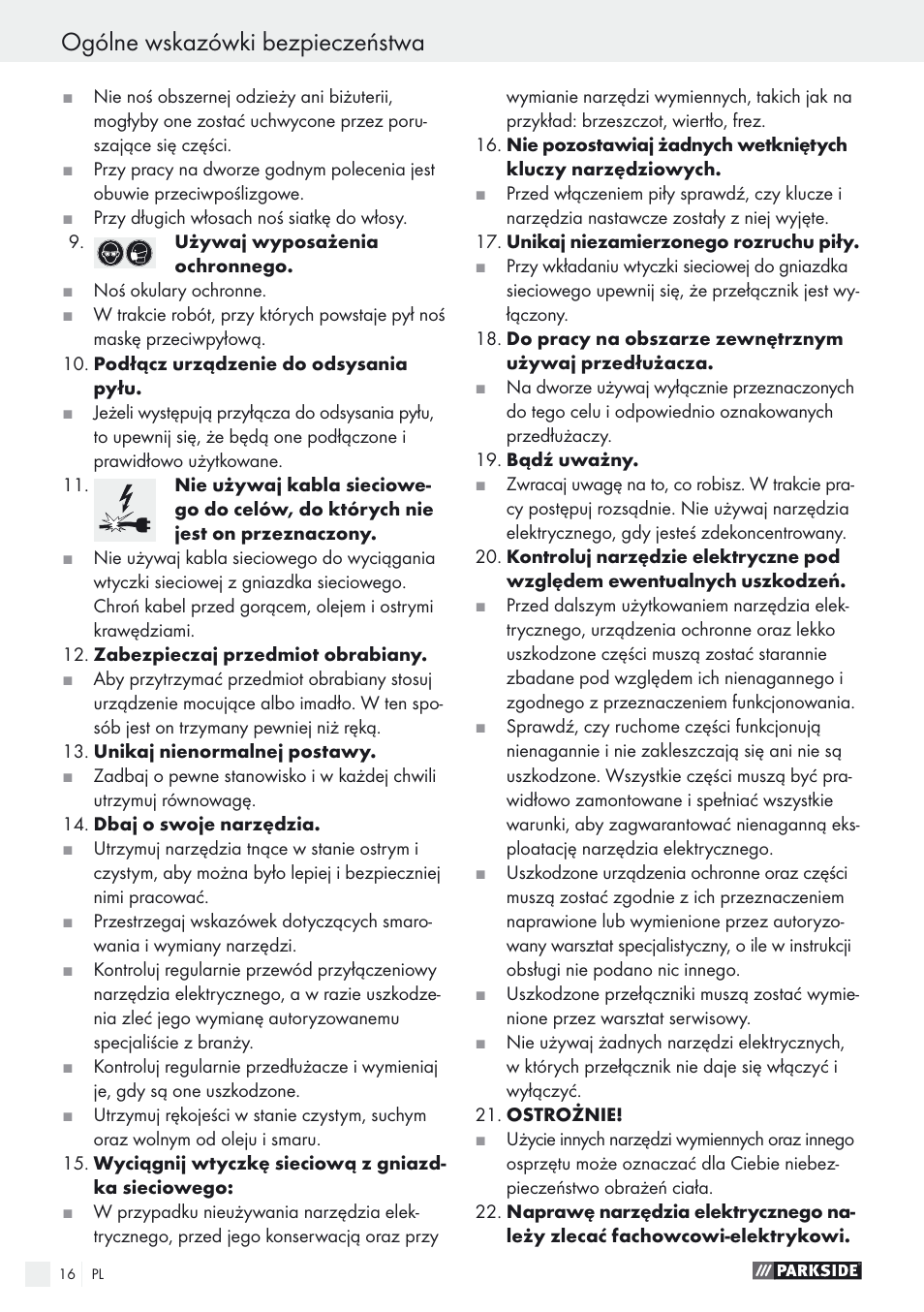 Ogólne wskazówki bezpieczeństwa | Parkside PDOS 200 A1 User Manual | Page 16 / 66