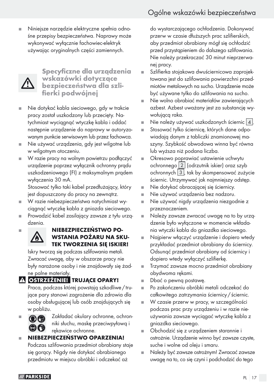 Ogólne wskazówki bezpieczeństwa | Parkside PDOS 200 A1 User Manual | Page 17 / 66