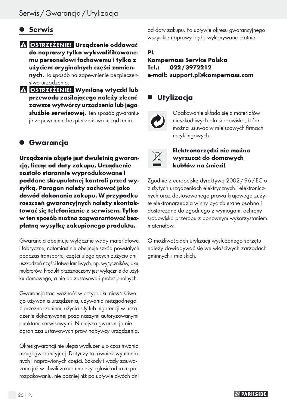 Serwis / gwarancja / utylizacja, Serwis, Gwarancja | Utylizacja | Parkside PDOS 200 A1 User Manual | Page 20 / 66