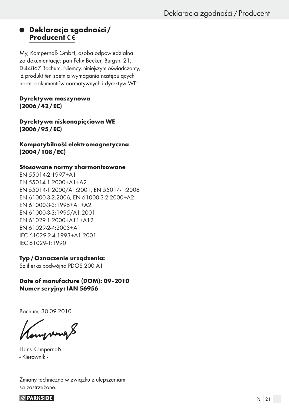 Deklaracja zgodności / producent | Parkside PDOS 200 A1 User Manual | Page 21 / 66