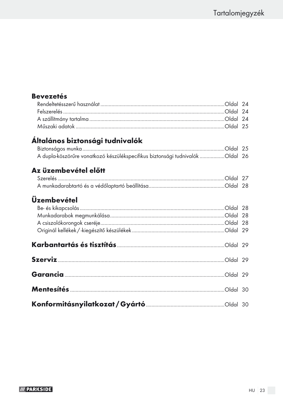 Tartalomjegyzék | Parkside PDOS 200 A1 User Manual | Page 23 / 66