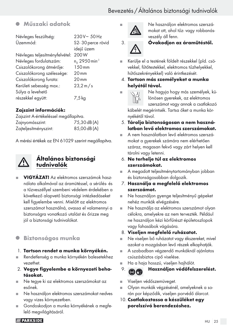 Bevezetés / általános biztonsági tudnivalók, Műszaki adatok, Általános biztonsági tudnivalók | Biztonságos munka | Parkside PDOS 200 A1 User Manual | Page 25 / 66