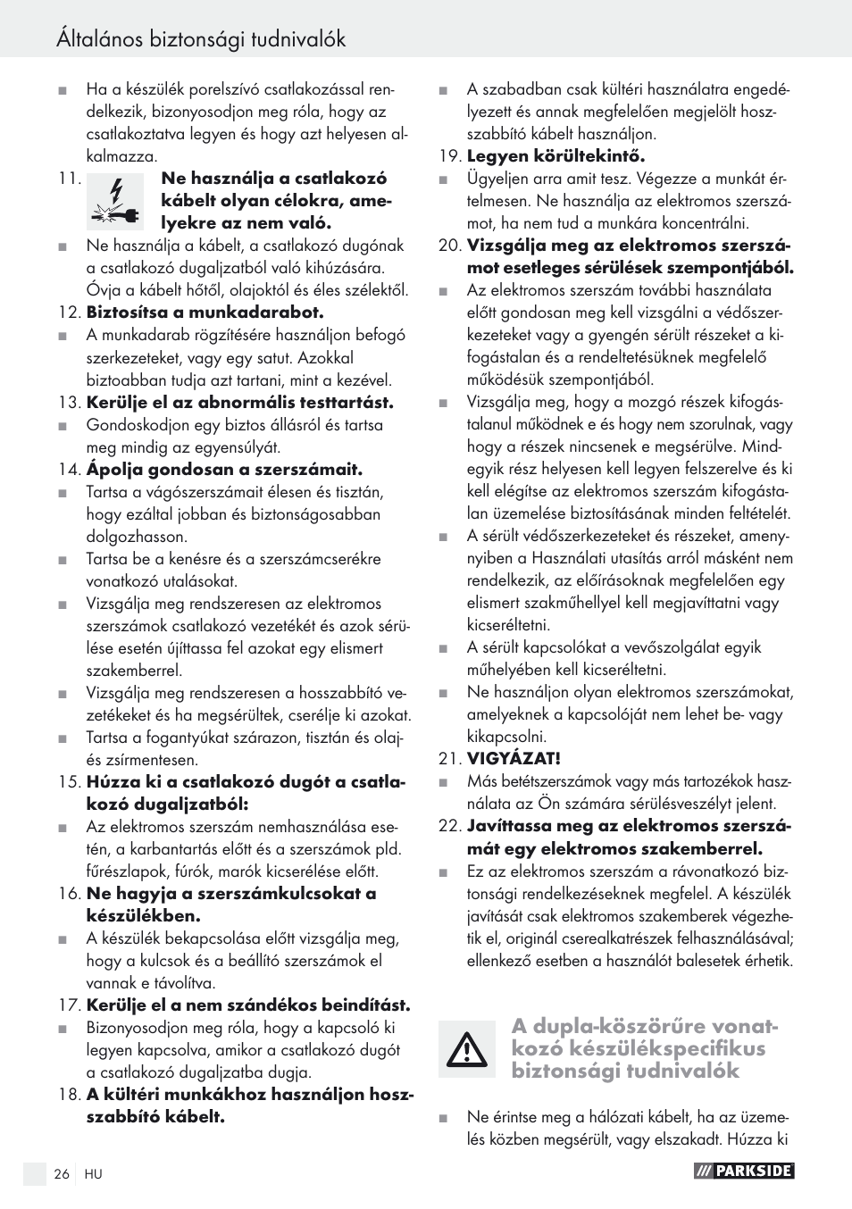 Általános biztonsági tudnivalók | Parkside PDOS 200 A1 User Manual | Page 26 / 66