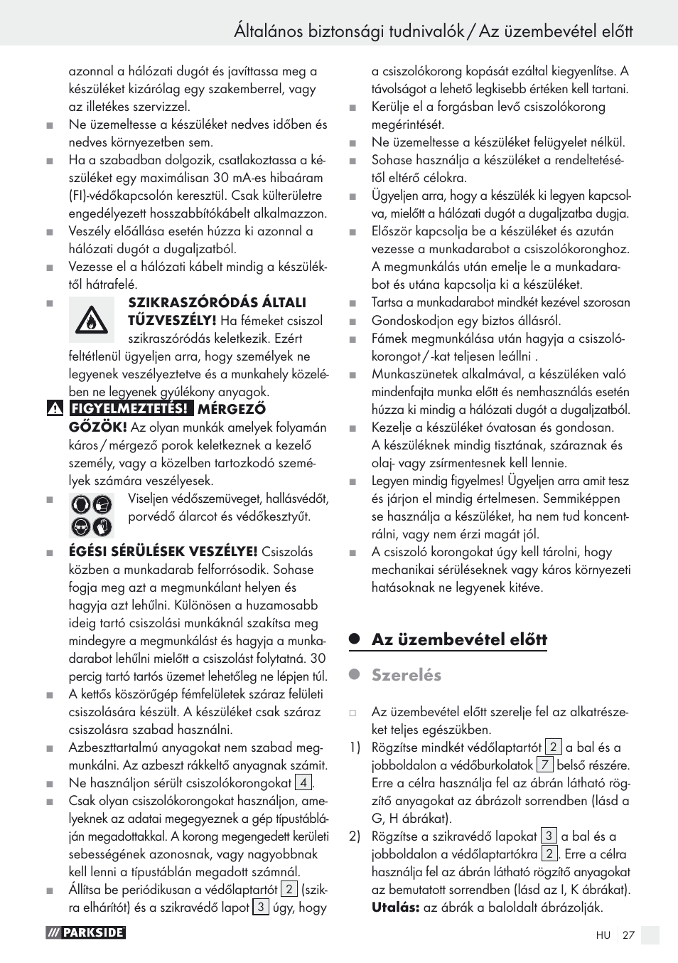 Az üzembevétel előtt, Szerelés | Parkside PDOS 200 A1 User Manual | Page 27 / 66