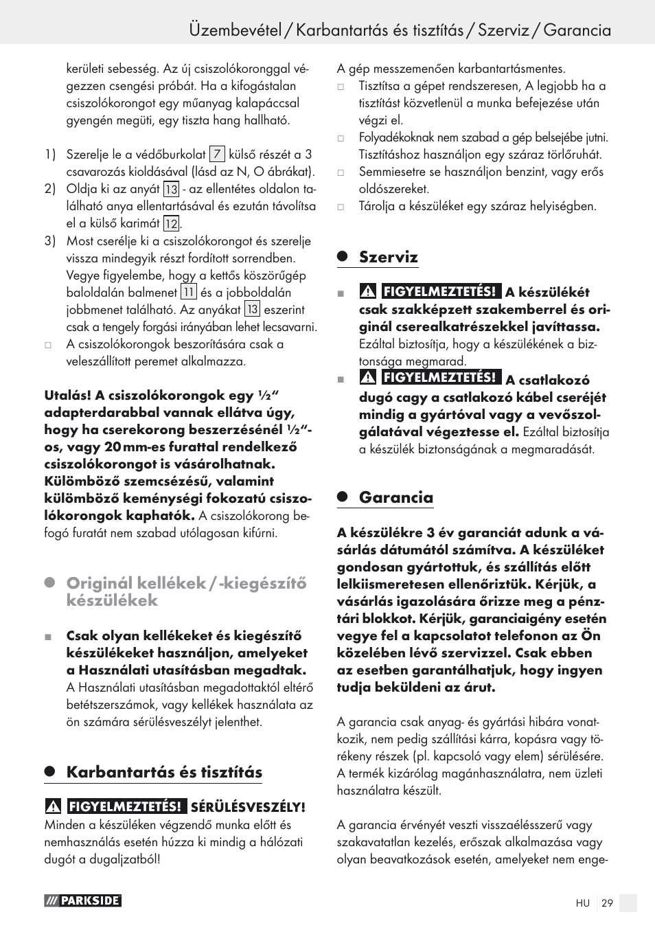 Originál kellékek / -kiegészítő készülékek, Karbantartás és tisztítás, Szerviz | Garancia | Parkside PDOS 200 A1 User Manual | Page 29 / 66