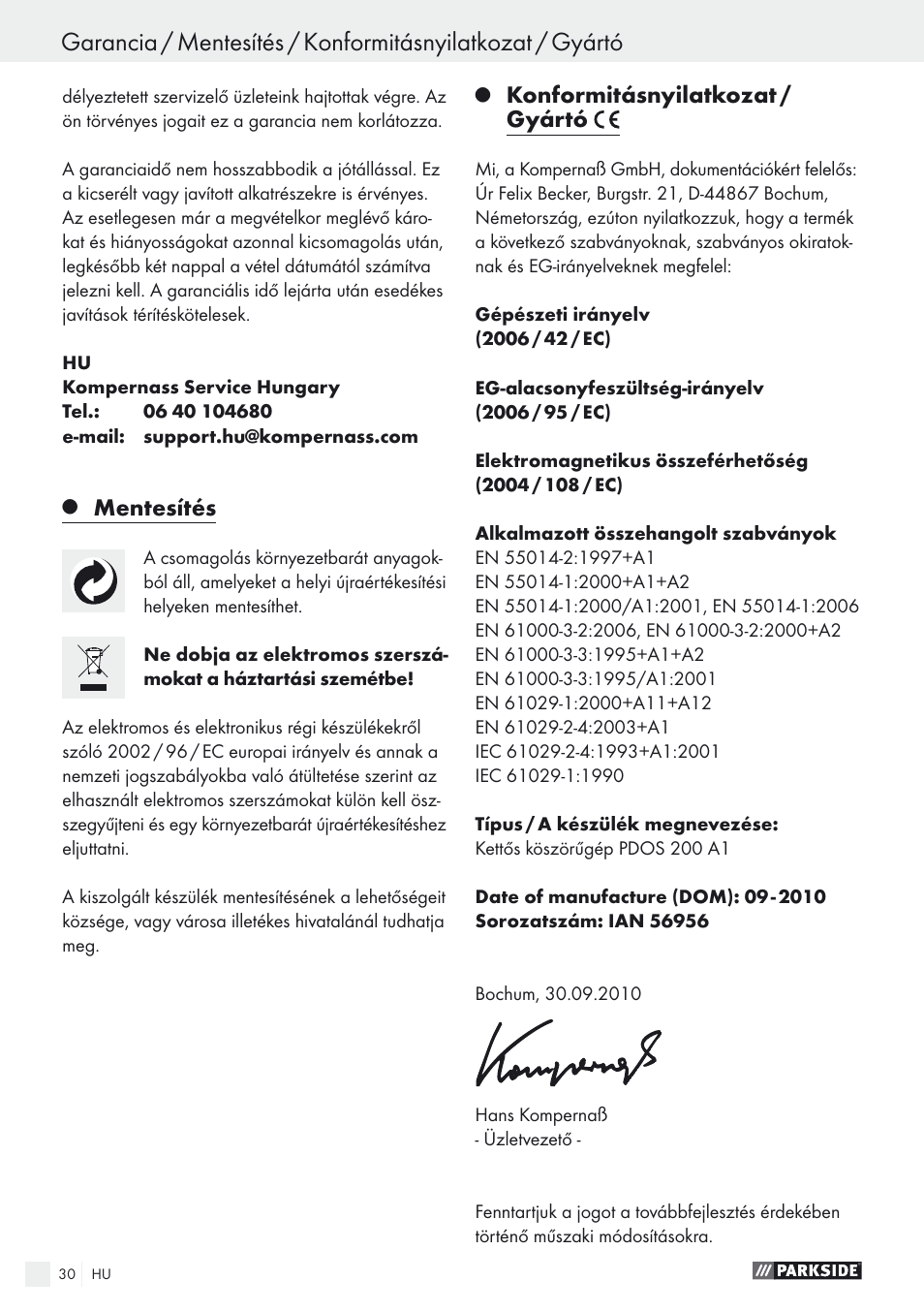 Mentesítés, Konformitásnyilatkozat / gyártó | Parkside PDOS 200 A1 User Manual | Page 30 / 66