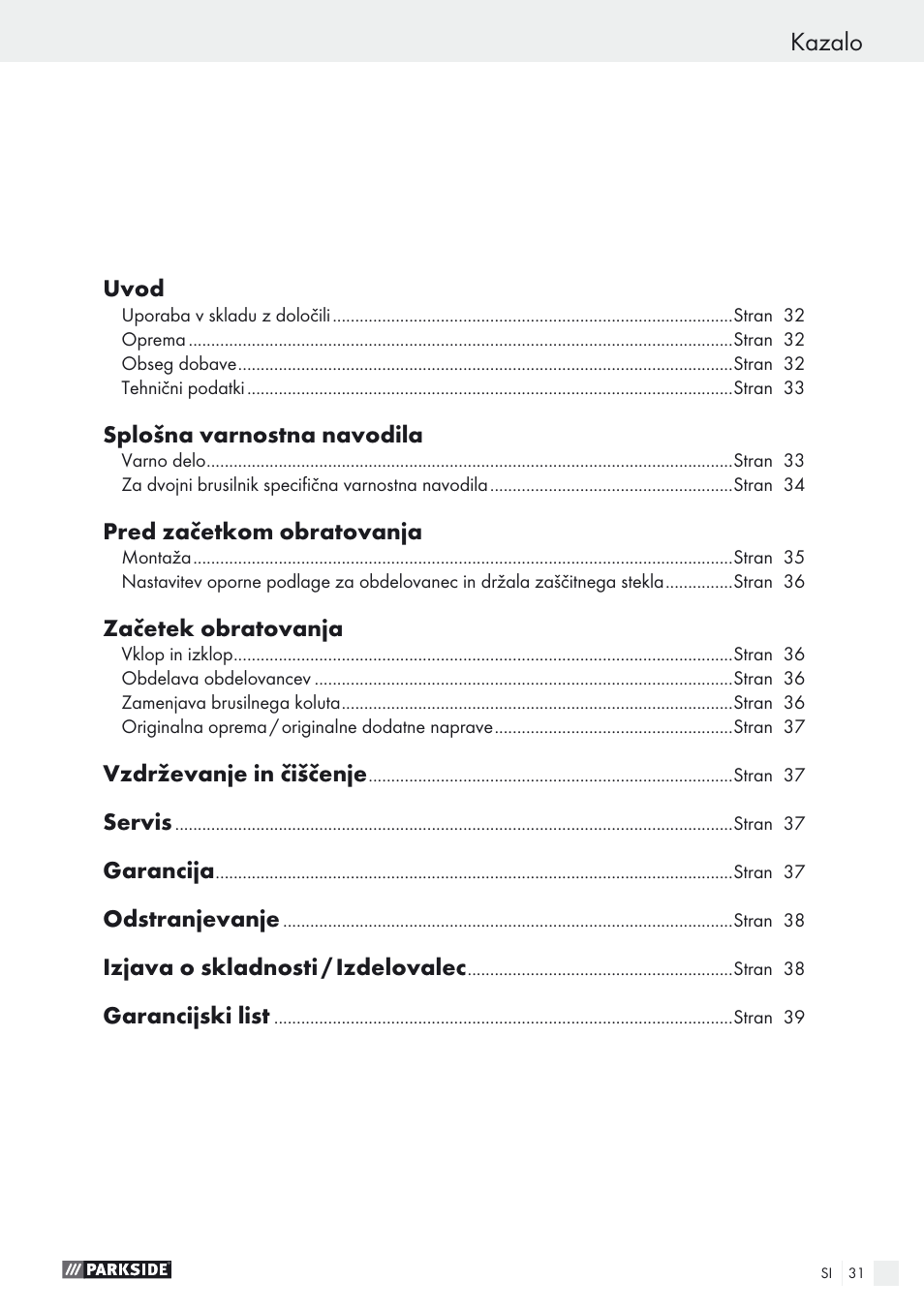 Kazalo | Parkside PDOS 200 A1 User Manual | Page 31 / 66