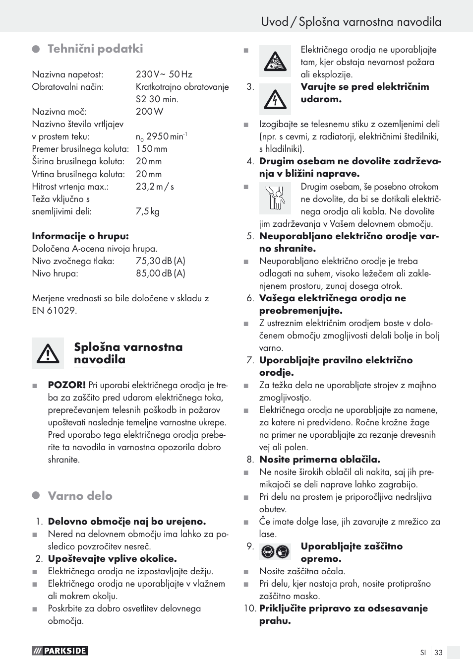 Uvod / splošna varnostna navodila, Tehnični podatki, Splošna varnostna navodila | Varno delo | Parkside PDOS 200 A1 User Manual | Page 33 / 66