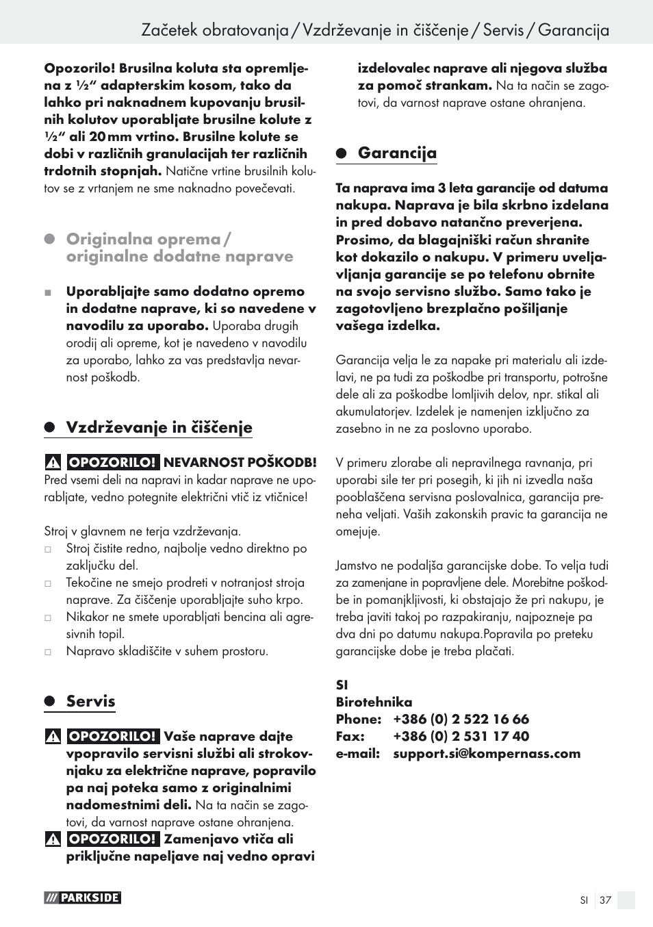 Originalna oprema / originalne dodatne naprave, Vzdrževanje in čiščenje, Servis | Garancija | Parkside PDOS 200 A1 User Manual | Page 37 / 66