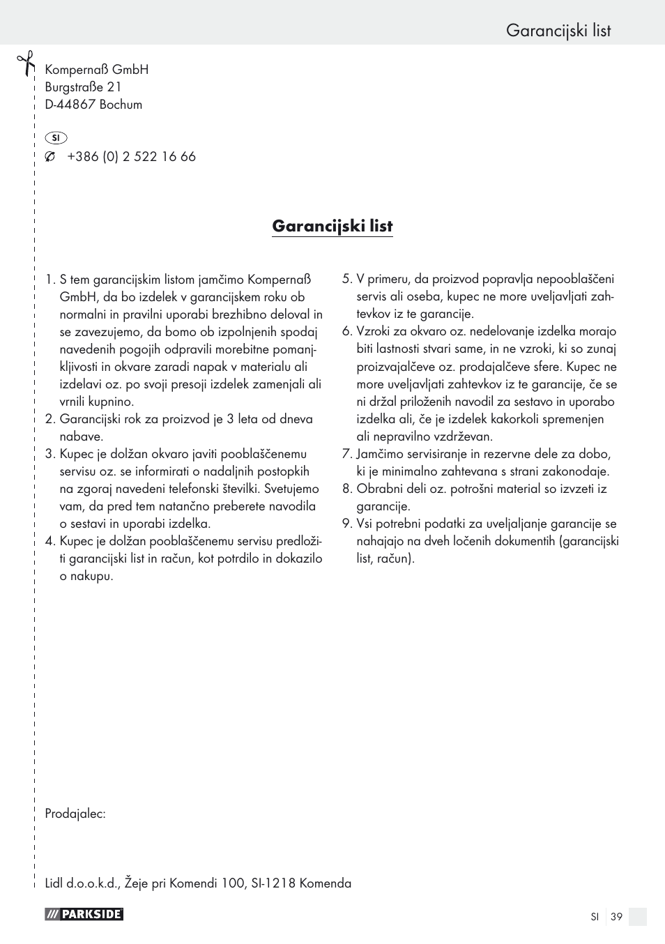 Garancijski list | Parkside PDOS 200 A1 User Manual | Page 39 / 66