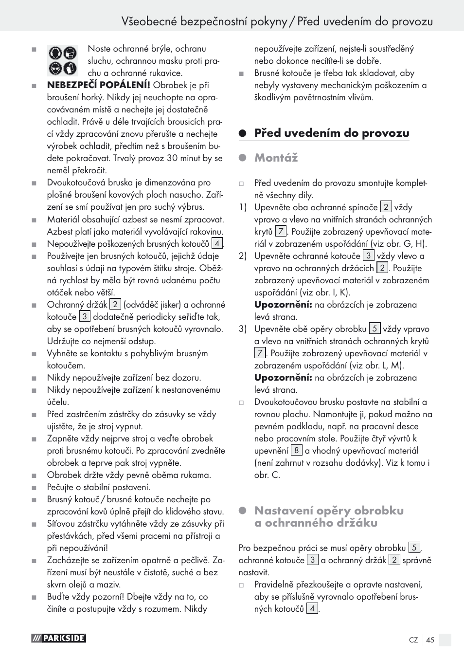 Před uvedením do provozu, Montáž, Nastavení opěry obrobku a ochranného držáku | Parkside PDOS 200 A1 User Manual | Page 45 / 66