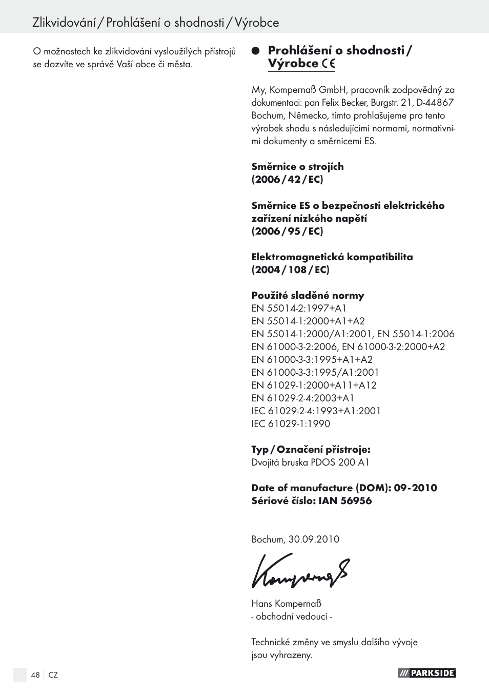 Zlikvidování / prohlášení o shodnosti / výrobce, Prohlášení o shodnosti / výrobce | Parkside PDOS 200 A1 User Manual | Page 48 / 66