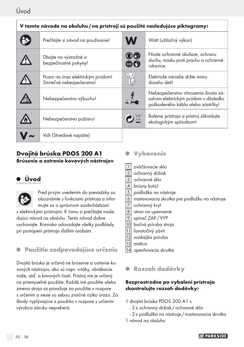 Úvod, Dvojitá brúska pdos 200 a1, Použitie zodpovedajúce určeniu | Vybavenie, Rozsah dodávky | Parkside PDOS 200 A1 User Manual | Page 50 / 66