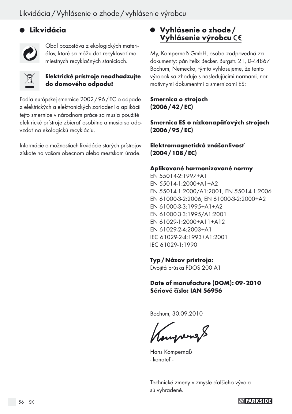 Likvidácia, Vyhlásenie o zhode / vyhlásenie výrobcu | Parkside PDOS 200 A1 User Manual | Page 56 / 66