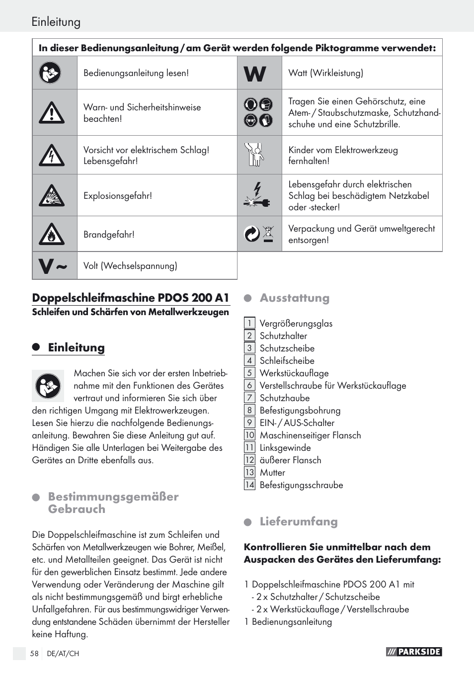 Einleitung, Doppelschleifmaschine pdos 200 a1, Bestimmungsgemäßer gebrauch | Ausstattung, Lieferumfang | Parkside PDOS 200 A1 User Manual | Page 58 / 66