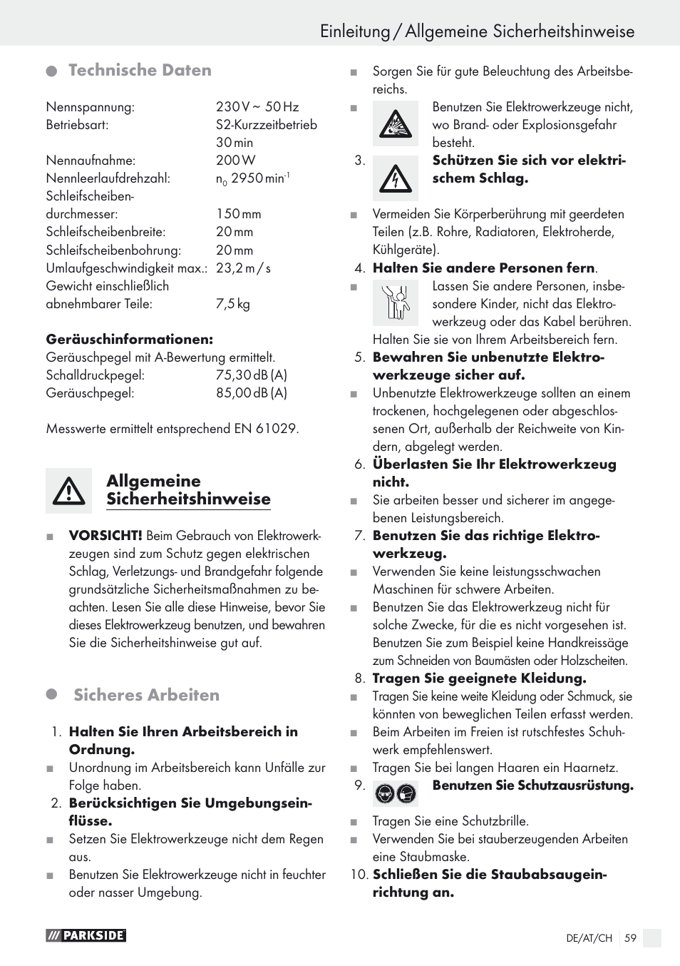 Einleitung / allgemeine sicherheitshinweise, Technische daten, Allgemeine sicherheitshinweise | Sicheres arbeiten | Parkside PDOS 200 A1 User Manual | Page 59 / 66