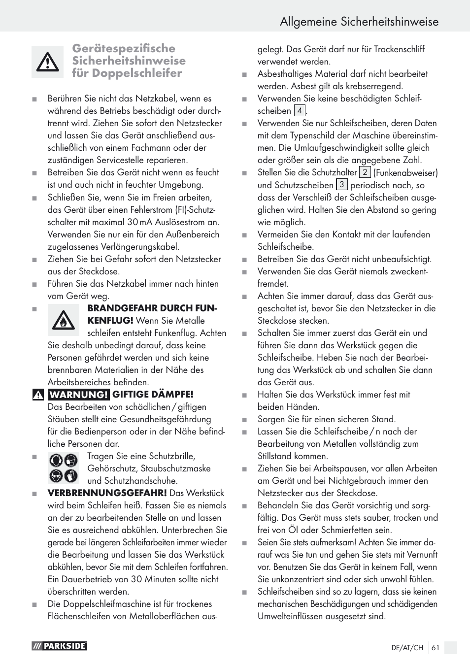 Allgemeine sicherheitshinweise | Parkside PDOS 200 A1 User Manual | Page 61 / 66