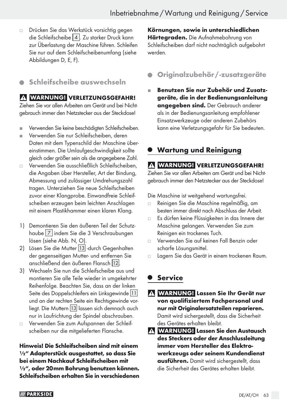 Inbetriebnahme / wartung und reinigung / service, Schleifscheibe auswechseln, Originalzubehör / -zusatzgeräte | Wartung und reinigung, Service | Parkside PDOS 200 A1 User Manual | Page 63 / 66