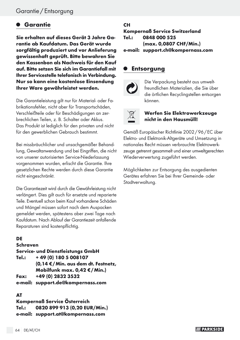 Garantie / entsorgung, Garantie, Entsorgung | Parkside PDOS 200 A1 User Manual | Page 64 / 66